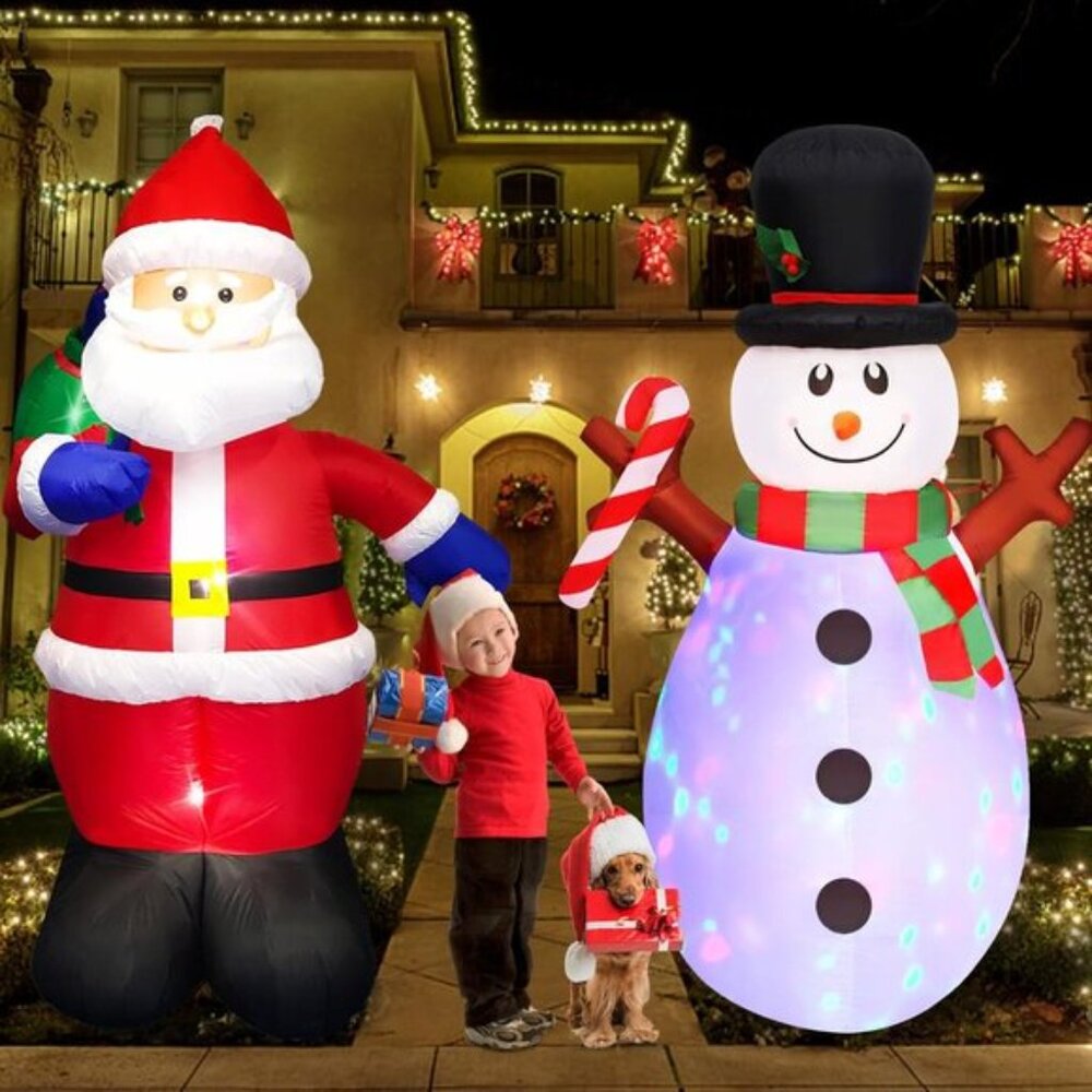 New 5FT Set of 2 Christmas Inflatables Snowman with Rotating LEDs & Santa Claus - Picture 2 of 7